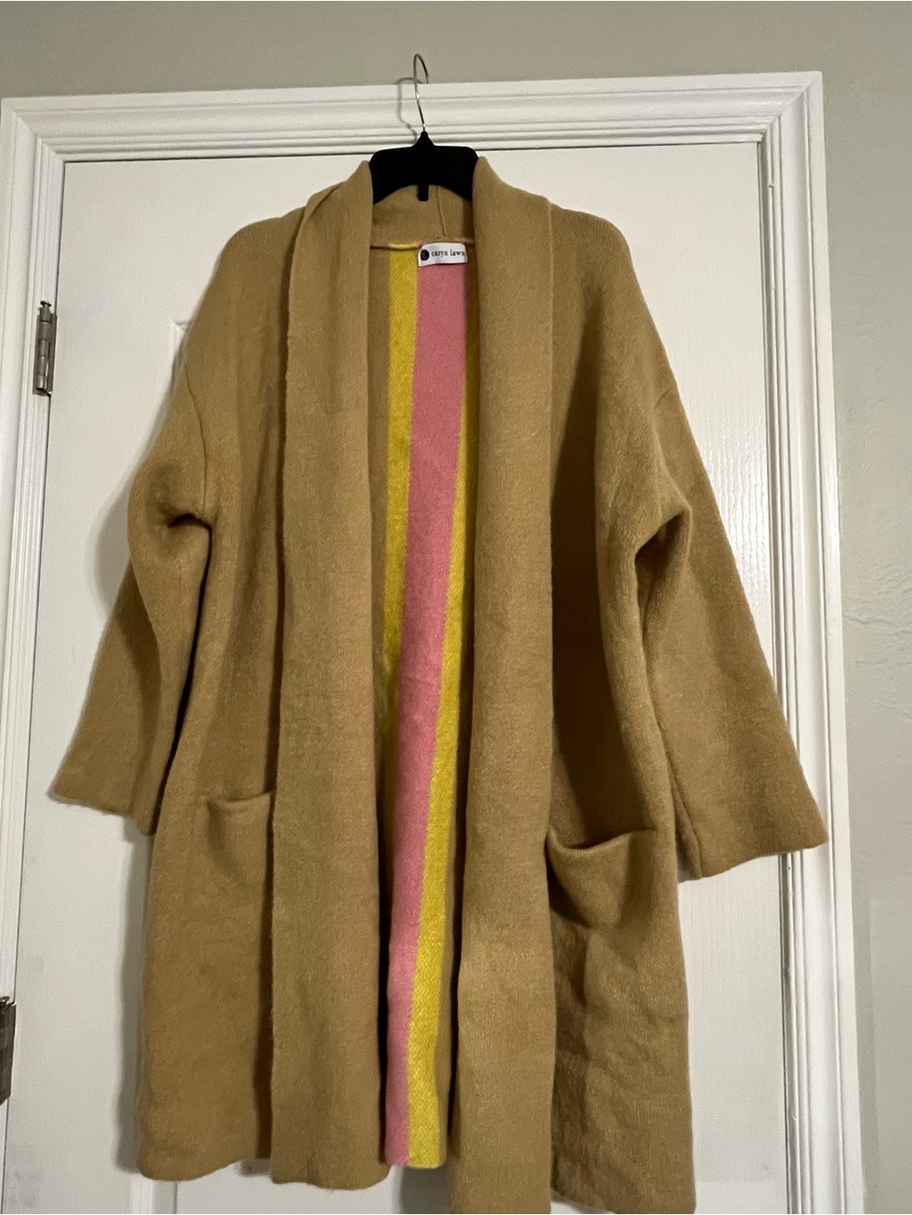 Oversized Camel Open-Front Cardigan with Pink & Yellow Trim Oversized very Cozy